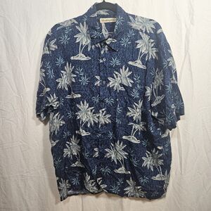 Vintage Munsingwear Hawaiian Shirt Mens L Blue Beach Palm Floral Loud Rayon
